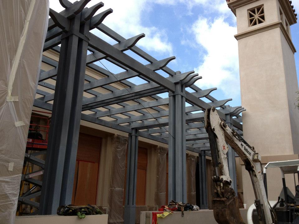 Steel canopy structure installed at a commercial building