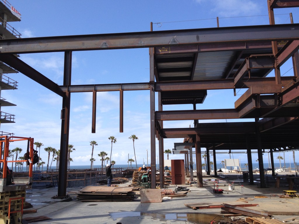 Structural steel frame on a large coastal commercial build